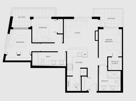 Floor plan for 3 beds, 2 baths, 1021 sqft